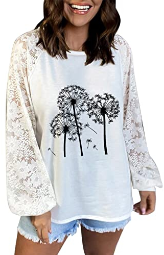 Generic Frauen Trendy Blusen Beiläufige Lose Löwenzahn Druck Strickoberteile Pullover Spitze Langarmshirts Tops Kinderhandschuhe Mit Reißverschluss (White, XXXL)