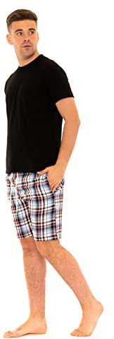 Style It Up Mens Woven Pyjamas Cotton PJ Set Short Sleeve Crew Lounge Top Soft Check Shorts (Black, Blue-Red, Medium)