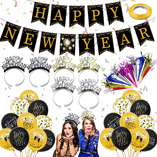 37 Stück Silvester Deko 2025,Neujahr Silvesterdeko,Neujahr Silvester Dekoration Set,Silvester Haarreif Hüte Latex Luftballons Happy New Year Girlande Silvesterpartydeko Accessoire für Silvesterparty