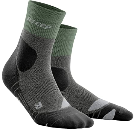 CEP - HIKING MERINO MID CUT SOCKS REDESIGN für Herren | Knöchellange Wandersocken mit Kompression | Trekkingsocken für optimale Trittsicherheit in Green/Grey | Größe V | XL