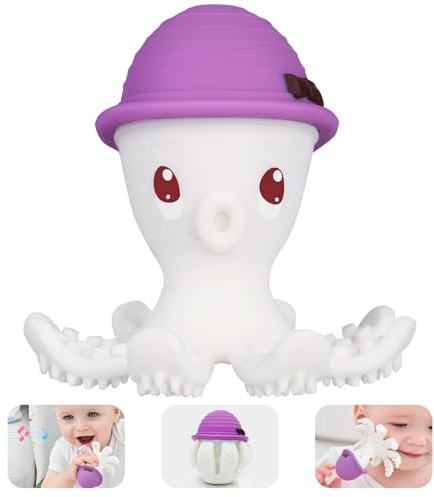 Baby Beißspielzeug für Babys 6-18 Monate, Mombella Octopus Beißring, weiches Silikon Kauspielzeug für 9 Monate altes Kind, um wundes Zahnfleisch zu melden, tolles Baby Geschenk, lila