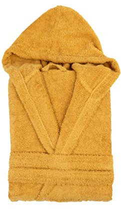 TRAMAS+ Peignoir de Bain 100% Coton Homme et Femme, 450g, Capuche, Ceinture Ajustable, 2 Poches, Haute Absorption, Doux et Confortable, Certifié OEKO-TEX - S, Mostaza