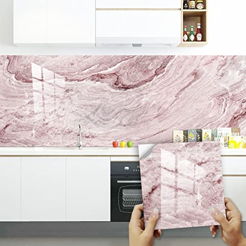 Stick on Tiles Pink Marble Tile Stickers PVC Self Adhesive Wall Tiles Heat Resistant Peel and Stick Floor Tiles Kitchen Stick on Wall Tiles Bathroom Kitchen 30x30cm/12 Pcs
