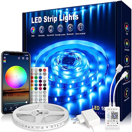 VKH Ruban LED 10m, Bande LED RGB Multicolore avec Télécommande et Application, 16 Millions de Couleurs, Décoration Lumineuse pour Chambre, Noël, Fête, Anniversaire et Mariage.(1 * 10m)