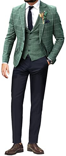 Cdkoke Hommes Costume Trois pièces Veste à Carreaux Gilet en Lin et Pantalon pour la fête de Noël