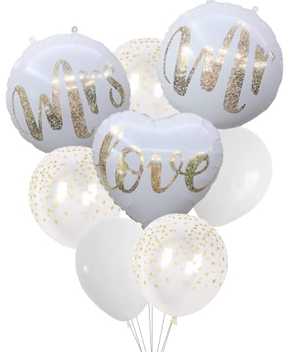 Mr & Mrs Ballon für Hochzeit - 15 Stück Luftballons Deko, Weiß & Gold Mit Paillettenmuster - für Heiratsantrag, Hintergrund zum Gedenktag, Party
