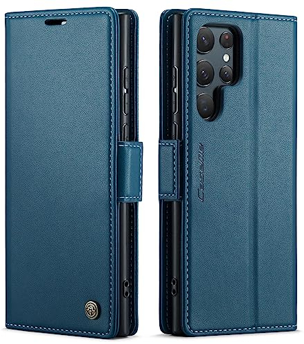 QLTYPRI Hülle für Samsung Galaxy S22 Ultra Handyhülle mit RFID Schutzhülle, Vintage Leder Hülle mit Kartenfach Ständer PU Ledertasche Stoßfeste Flip Wallet Case für Samsung S22 Ultra - Blau