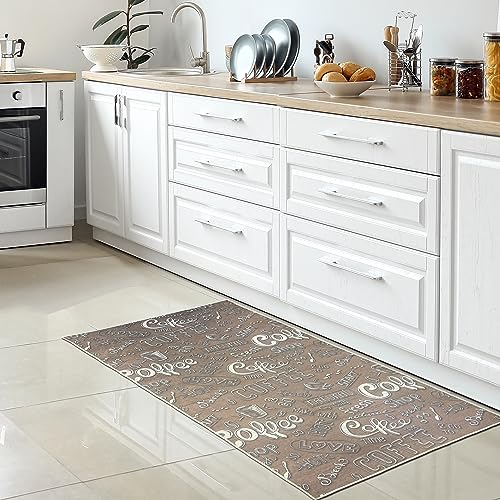 CARPETIA Moderner Teppich Läufer Küche Küchenläufer beige pflegeleicht waschbar Design: Coffee Love Fresh HOT Schriftzug in weiß 100 x 200 cm