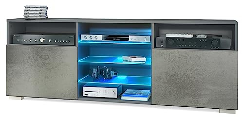 Vladon TV-Board Granada, Lowboard mit 2 Türen und 6 offenen Fächern, Korpus Anthrazit matt, Fronten in Beton dunkel Optik mit RGB LED-Beleuchtung (146 x 54 x 35 cm)