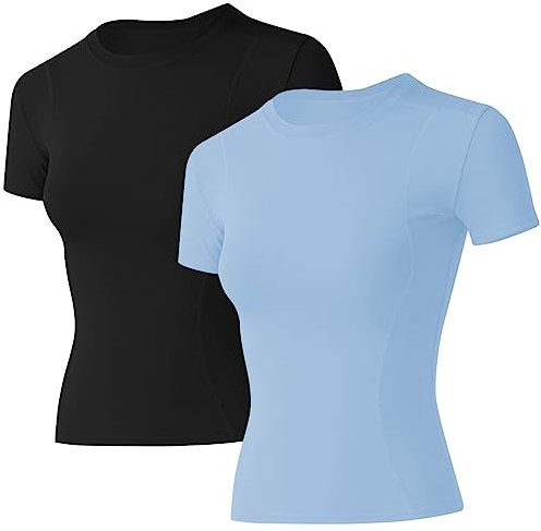 Loovoo Damen Workout Shirts 1/2/3 Pack Sportliche Kompression Tee Dry Fit Yoga Gym Basic Tops, A1_2 Pack_black&sky Blue_kurzarm, XL