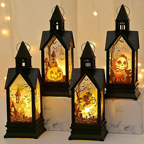 Halloween Deko Laterne LED Halloween Deko Garten Für Außen, Halloween Lantern Deko Windlaterne LED Kerzenlichter, Außenlaterne Totenkopf Skelett Laterne Für Balkon Hof Terrasse (4 Stück-A)