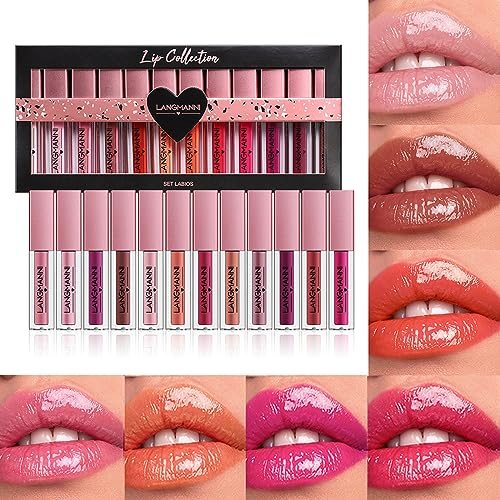 BeauFairy 12er Lipgloss Set, Wasserfest und Langanhaltend Feuchtigkeitsspendend Schimmernde Lippenstift-Set, Lippenpflege zum Befeuchten der Lippen, Lip Plumper Makeup-Geschenkset