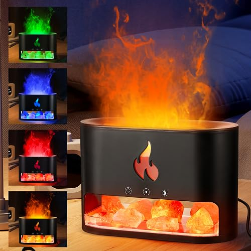 2-in-1 Essential Oil Diffuser, Luckits Simulation Flame Humidifier Colorful Light Mist Diffuser Waterless Auto-Off Air Humidifier Himalayan Salt Rock Scent Diffuser for Bedroom Office Spa Home Decor