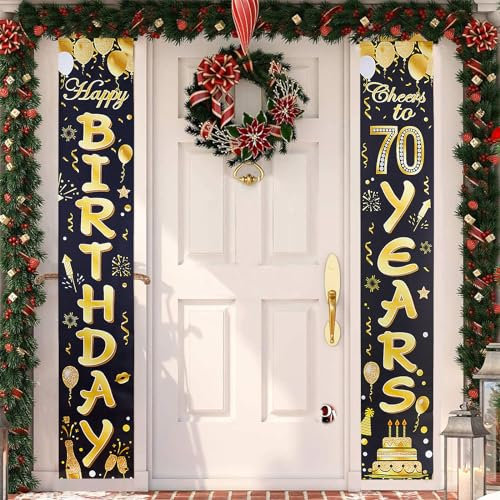 Door Banner Party Decorations, 70th Happy Birthday Banner, Black Gold Happy Birthday Party for Boys Girls Women Men 70 Years Old Birthday Party Indoor Outdoor Decor Supplies