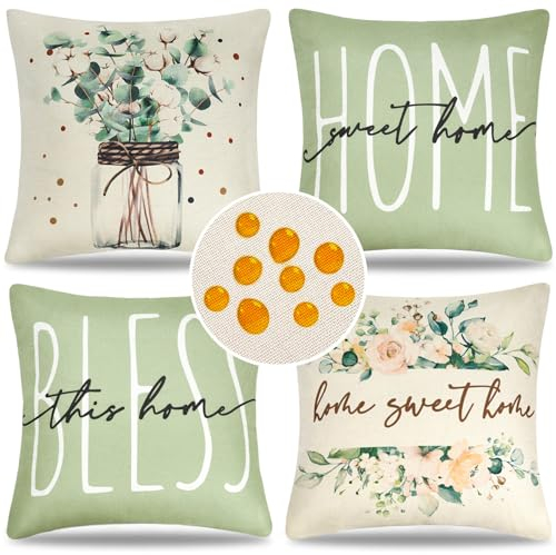 Cheekywares Frühling Kissenbezüge Sommer Sofakissen Outdoor wasserdichte Leinen Kissen Blume Blätter Buchstaben Dekokissen Garten Bauernhaus Kissenhülle für Schlafzimmer Sofa Stuhl Bett 4 Stück 40x40