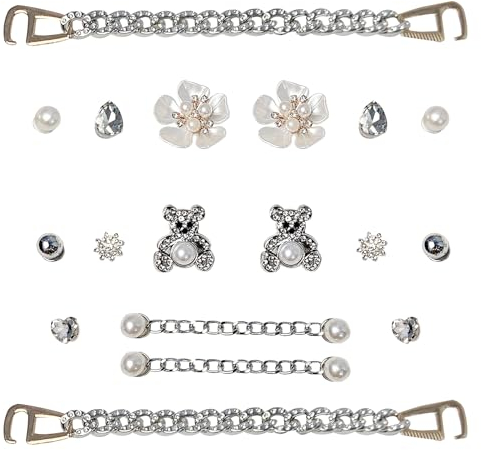 CLKE 18Pcs Charmes de Chaussures en Strass, Avec Une Chaîne argent,Bijoux de Chaussures pour Crocs Clips Femme et Homme,Décorations avec Petit Ours, Fleur à Cinq Feuilles, Perle, Strass(Blanc)