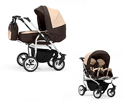 Elcar Zwillingskinderwagen 2 in 1 Duo Twin inkl. Sportsitze - 11 Teile - Braun-Cappuccino