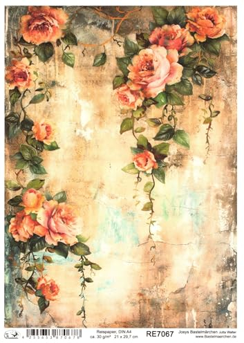 Josys Bastelmärchen Reispapier DIN A4 Strohseide Decoupage Vintage Shabby Blumen Rosen RE7067