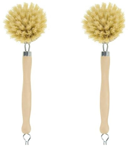 Elliott Wooden dish brush with Natural tampico fibres, Long reach washing up brush ideal for cleaning glasses, plates, pots and pans, replacable brush heads available. (Pack of 2)