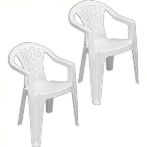 Sicignano | Set mit 2 Sesseln Ratak niedrige Rückenlehne Monoblock, stapelbar, weiß, mattes Finish, 56 x 54 x 79 cm - Stuhl mit Armlehnen, Kunststoff, für Innen- und Außenbereiche, Garten, Balkon,