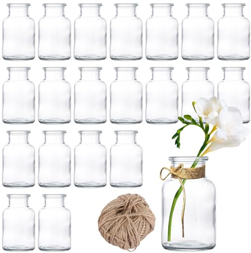 LOPYXBR Kleine Vasen für Blumen, 10,5 cm hoch, klares Glas, kleine Vasen für Tischdekoration, 125 ml, kleine Glasvase mit Jute-Schnur für Tafelaufsätze, Hochzeit, Zuhause, 20 Stück