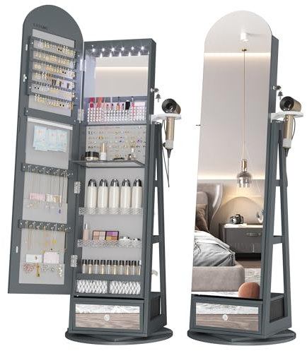 LVSOMT LED Espejo Joyero de pie Arqueado, Giratorio 360° Armario Joyero con Espejo de pie, Arco Espejo armario joyero con Cerradura, Espejo de cuerpo entero con Armario para joyas Luz, Gris