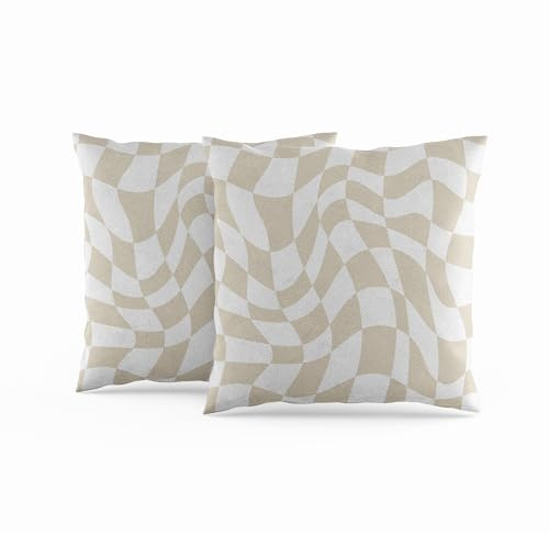 ggaimwf Karierte Kissenbezüge Beige Creme 45x45cm 2er-Set Wellenförmiges Schachbrettmuster Verzerrtes Schachbrett Grafik Moderne Leinenoptik Sofakissenbezüge Wohnzimmer Kissenbezug für draußen