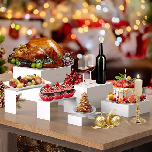 Lmaqfum 6Pcs Buffet Risers, 3 Set White Acrylic Display Boxes with Display Stand, Cube Dessert Stand with 6pcs mini Chalkboard Table for Collectibles Jewelry Weddings Parties Brunch