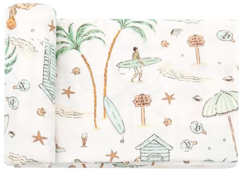 LifeTree Baby Pucktuch Musselin Tuch, 120x120cm Musselin Swaddle Decke Baby Bambus Baumwolle Swaddle Wrap für Junge und Mädchen, Grüner Strand Design
