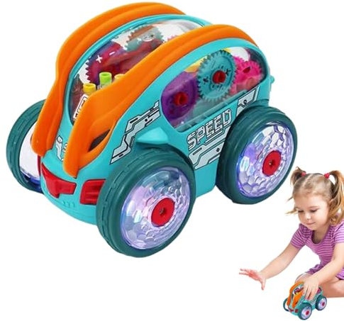 Dynamisches Getriebeauto mit LED-Lichtern, automatisches Bump & Go-Auto, um 360° drehbares Spielzeugauto mit Musik, leuchtendes transparentes Autospielzeug für Kinder, Spielzeugauto für Kleinkinder