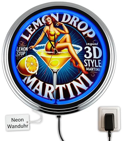US-Way.de Aperitif Lemon Drop WallClock Deko-Clock – 44 cm Durchmesser, Deko-Wanduhr ohne Tickgeräusche und gut lesbares Display, USA 50er-Jahre-Stil Neon-Uhr für Küche, Wohnzimmer, Büro (Blau)