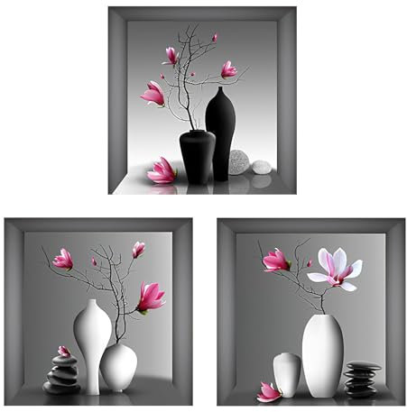 Adesivi da Parete,Adesivi da Parete Vaso 3D,30x30cm Adesivi Murali Soggiorno 3D,Adesivi Murali Vaso Bianco,Moderno Adesivi Murali per Camera da Letto,per Soggiorno Ufficio Studio Decorazioni,3 Pezzi