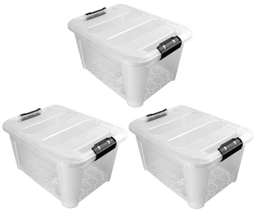 JVL Plastic Secure Clip Lidded Storage Box, Stackable & Nestable, Clear, Set of 3, 30L