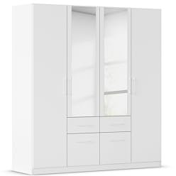Rauch Möbel Glasgow Drehtürenschrank, Kleiderschrank, Schrank, Garderobe 4-türig, 2 Spiegeltüren, 4 Schubladen, Farbe Weiß, Griffprofil Weiß, 181x197x54cm