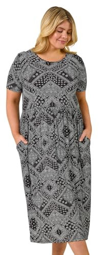 Roman Originals Midi Dress with Pockets for Women UK Ladies Stretchy Jersey Maxi Long 3/4 Length Sleeve Gathered High Waist Boho Flattering Skater Swing Fit Flare - Black Plus - Size 22