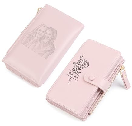 Gaosh Portefeuille Femme Personnalisé avec Photo Gravé Nom Naissance Fleur Portefeuille Femme en Cuir PU avec Pochette de Monnaie Zippé RFID Multi Card Slot Cadeau Personnalisé (A-Rose)