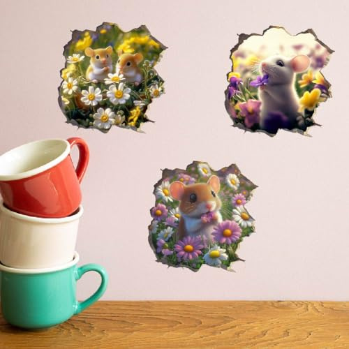SUPERDANT 3D Wandtattoo Kleine Maus Und Flowern Wandsticker 8 Stück Süße Maus Wandaufkleber Für Wände Vinyl Wandsticker Für Schlafzimmer Wohnzimmer Kinderzimmer Spielzimmer Dekoration