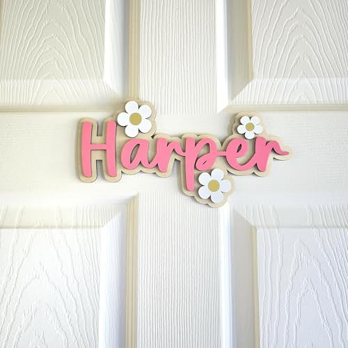 Custom Daisy Name Sign – Wooden Kids Door Plaque de porte – Motif floral pour la chambre des filles – Personnalisé en bois pour chambre d'enfant ou chambre à coucher