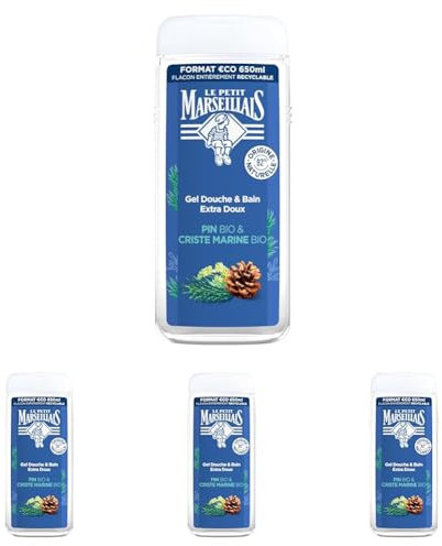 Le Petit Marseillais | Gel Douche Extra Doux Pin Bio & Criste Marine Bio (650 ml) – Hydrate et rafraîchit, pH neutre, sans colorant et 92% d'origine naturelle – Flacon 100% recyclable (Lot de 4)