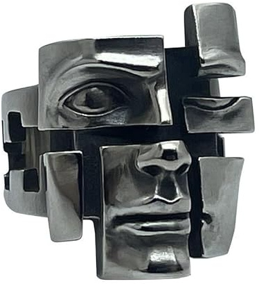 Silberner Ring mit geteilter Persona-Maske, Persönlichkeits-Split-3D-Gesichtsring mit verstellbarer Öffnung, handgefertigter einzigartiger Multi-Personality-Maskenring mit verstellbarer Öffnung,