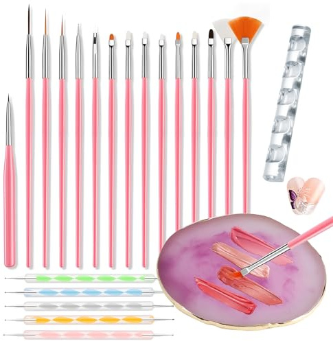 22pcs Nail Art Brushes Set, Silicone Gel Nail Tools Kit with Double Ended Nail Dotting Tool, Resin Nail Art Palette with Pen Holder, Thin Nail Art Brushes for Gel Nails Manicure Design