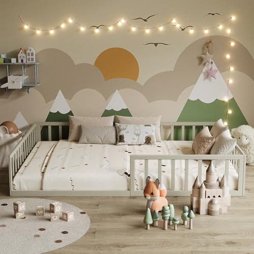 VitaliSpa Bodenbett Minno 140x200 cm, Montessori Kinderbett aus Metall mit Rausfallschutz und Matratze, Greige