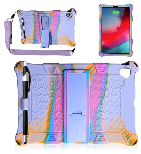 10.1 Inch Kids Tablet Case, Shockproof Silicone Protective Case for P30HD / M40 SE, with Shoulder Strap, Stand and Pen Holder, Purple
