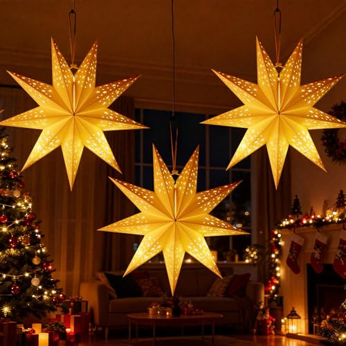45cm LED Papierstern Beleuchtet, 3PCS Weihnachtssterne Beleuchteter, Faltstern Weihnachten Papierstern Lampenschirm, 3D Weihnachtsstern Beleuchtet Für Hochzeit Geburtstag Weihnachten Silvester Party