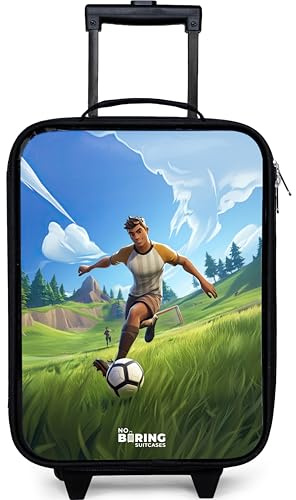 NoBoringSuitcases© Valigia Per Bambini Compatto Bagaglio Ultraleggero | 48x31x19 cm - Trolley A Mano Rigidi LED Ruote Valigie Neonato - Ragazzo - Calciatore - Erba - Colorato