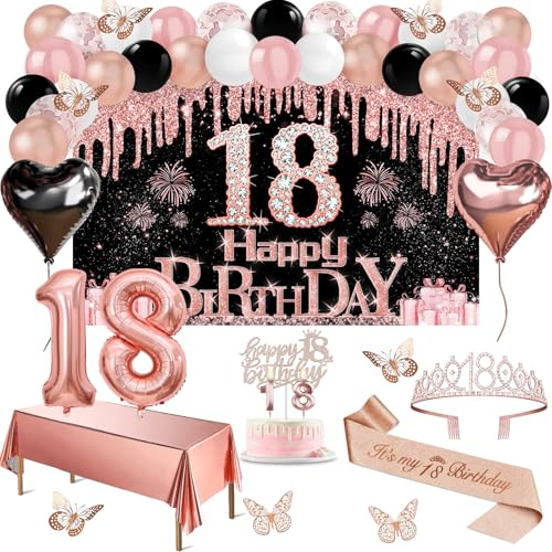 Amosking 18th Birthday Decorations for Girls Rose Gold Black 49pcs | Luxury 49pcs 18th Birthday Girl Decorations Banner, Tablecloth, Butterfly, Sash, Tiara, Cake Topper, Candles, Balloons Arch