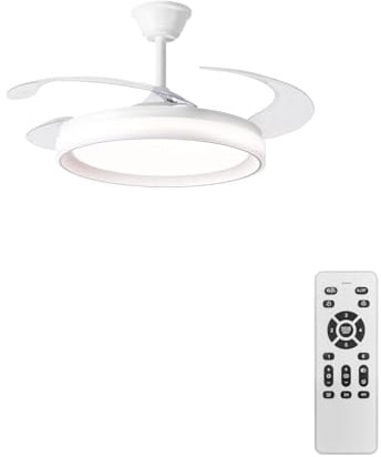 Ventilador de Techo con Luz y Mando a Distancia, Motor DC Silencioso, 105cm (42), 6 Velocidades, Aspas Retráctiles, 60W 5600LM, 3 Colores de Luz, Función Verano/Invierno, Temporizador, Blanco