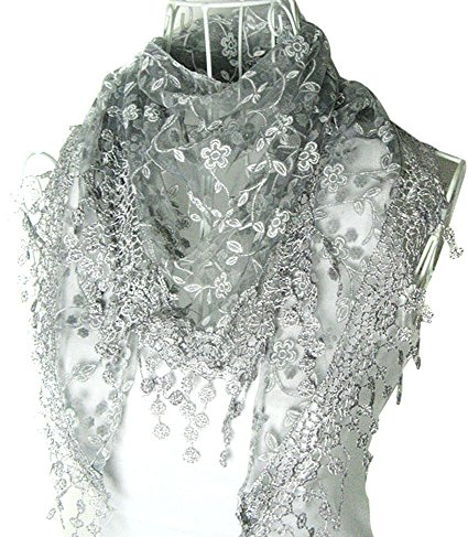 Multifunktion Damen Dreieckstuch Spitze Halstuch Tuch Frauen Quasten Schal Grau