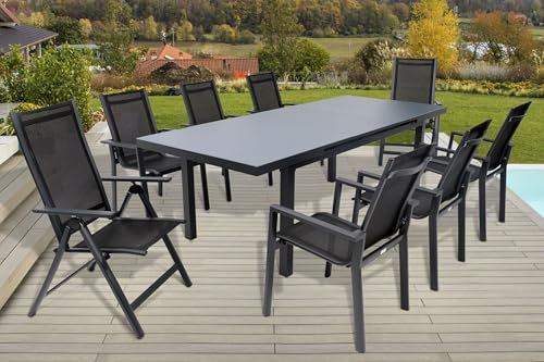 OUTFLEXX Esstischgarnitur, anthrazit matt, Alu/Textilene, Tisch 180/240x100cm, 6 Stapel-, 2 Multipositionssessel