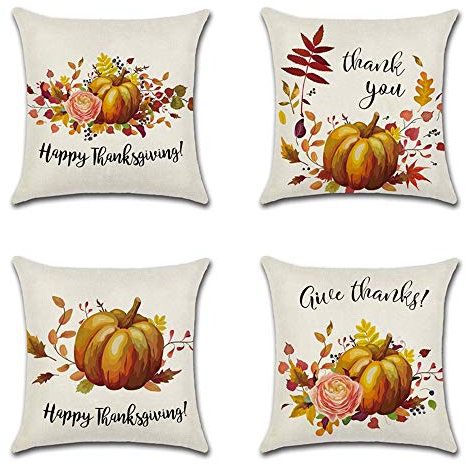 Artscope 4er-Set Dekorativ Kissenbezug 45 x 45 cm, Herbst-Thema Polyester Leinen Kissenbezüge Dekokissen Kissenhülle Set Kissen Fall für Sofa Auto Schlafzimmer Zuhause Dekor (Kürbis - A)